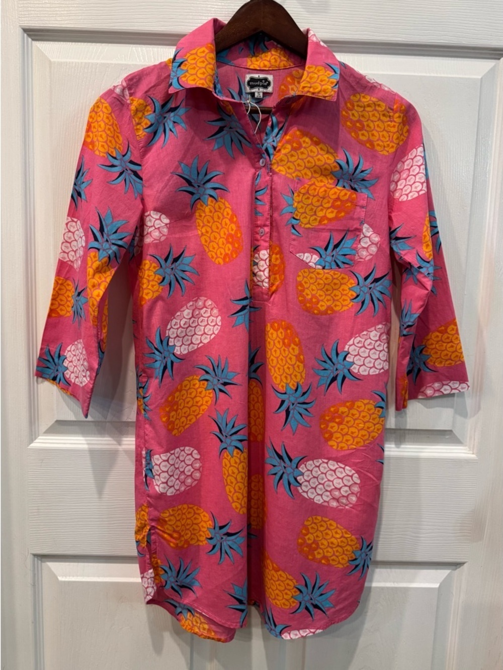 Mud Pie Pink Pineapple Tunic Swim Coverup Womens Sleeve Tropical Summer Sm. 4-6